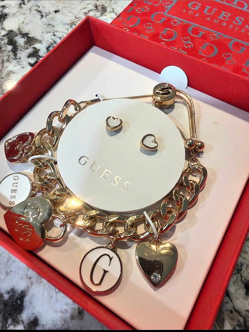 GUESS Gold-Tone Heart Charm Bracelet and Stud Earrings Box Set & Stud Earrings